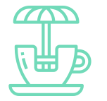 Green icon of a coffee cup with umbrella.